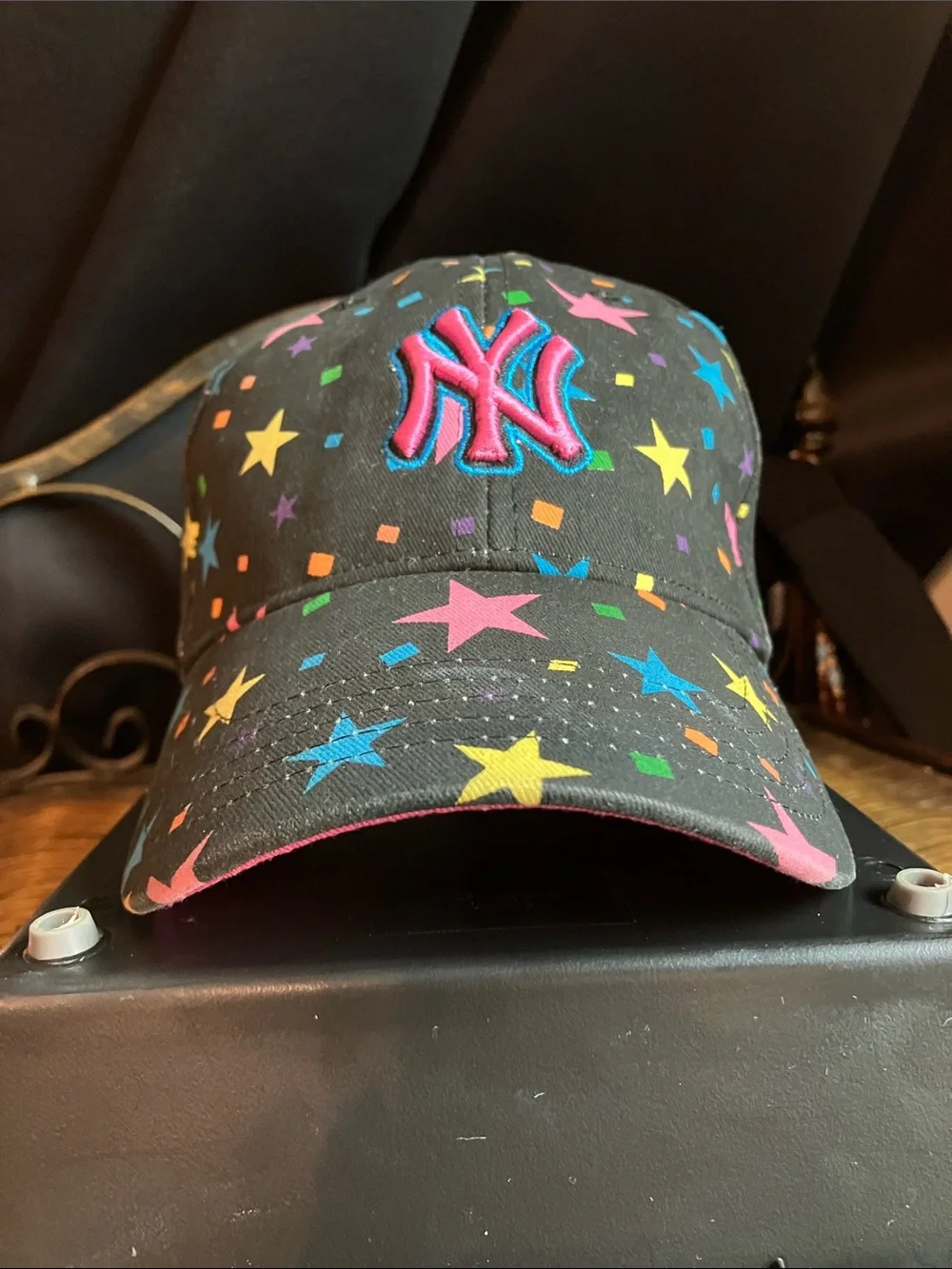 Kids Black Cap with Multicolor Stars & Pink-Blue Logo & FREE lip balm & bracelet